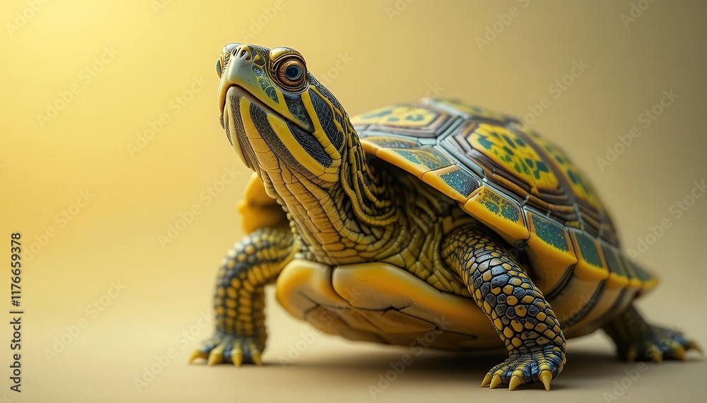 Fototapeta premium Yellow-Bellied Slider Turtle - Trachemys scripta scripta - This vibrant yellow-bellied slider turtle showcases its stunning shell pattern of yellow, green, and black. Its head is held high, gazing dir