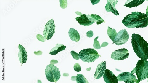 Isolated green mint leaves on white background, fresh mint leaves floating