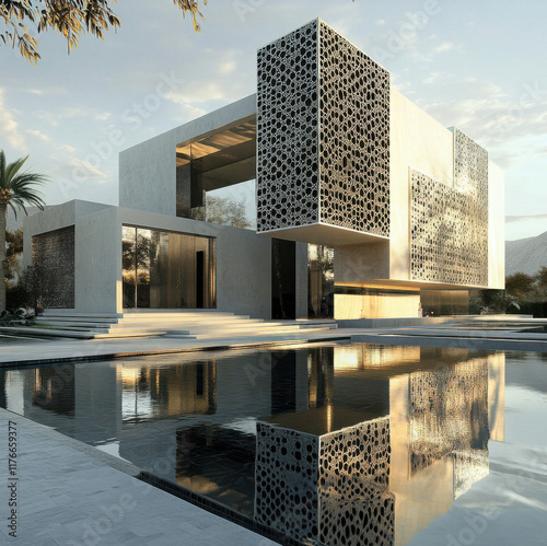 arabian contemporary design futuristic house design, facade, realistic rendering, use geometric squares in the style, facade, geometric squares, 3 floor house photo