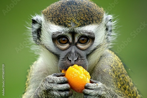 A close-up of a vervet monkey sitting in a tree, holding a piece of fruit.