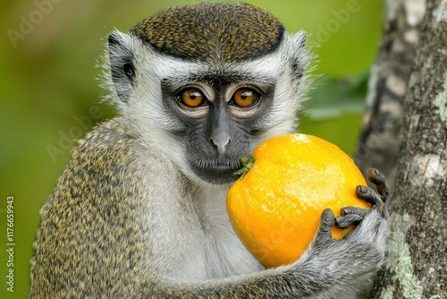 A close-up of a vervet monkey sitting in a tree, holding a piece of fruit.