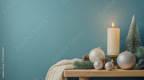 Minimalist composition of christmas interior with copy space, wooden console with sprace, christmas balls, candle with candlestick, blue wall, gifts and personal accessories. Home decor. Template photo