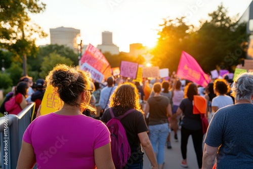 Diverse gathering in peaceful civil rights march at sunset. Black History Month photo