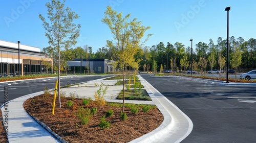 Empty parking lot, new landscaping, modern buildings.