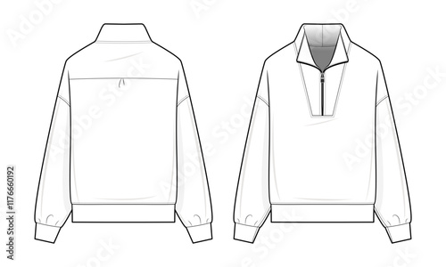Half zip track jacket technical fashion illustration. Track jacket vector template. Front and back view. Drop shoulder. Activewear. Unisex. CAD mockup set.