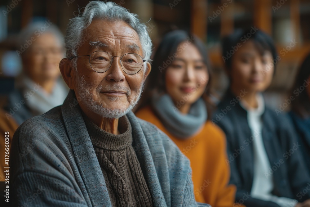A group of diverse individuals, featuring an elderly man with glasses, smiling warmly in a cozy setting, surrounded by younger women. A group of diverse individuals, featuring an elderly man with glasses, smiling warmly in a cozy setting, surrounded by younger women.