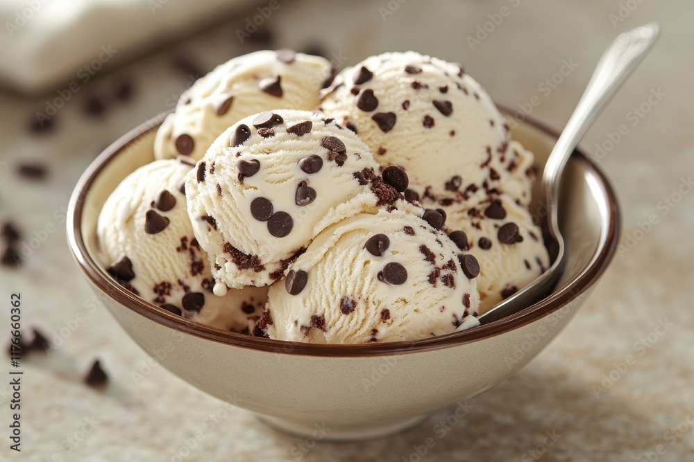 Delicious Scoops of Chocolate Chip Ice Cream in a Bowl with Spoon on a Rustic Table Setting
