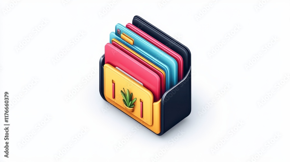 Isometric illustration of a digital folder with colorful files and plant icon. Isometric illustration of a digital folder with colorful files and plant icon.