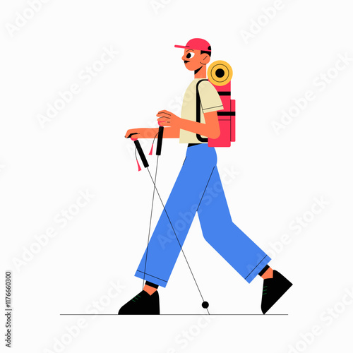 Male hiker with backpack and trekking poles in flat vector illustration symbolizing adventure, travel, and exploration, isolated on white background