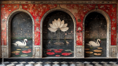 Fototapeta Naklejka Na Ścianę i Meble -  Intricate wall painting of swans, lotuses, and arched alcoves in a classic interior.
