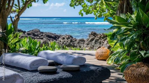 Relaxing beachside spa treatment with hot stones and tropical surroundings in a serene coastal location