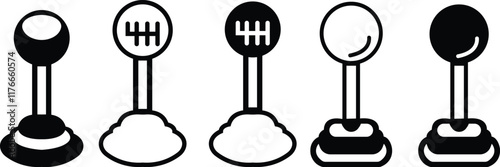 transmission shifter icon set. Car drive mode in gearbox symbols buttons, cup holders and armrest, gear shift switch hand operated vector isolated on transparent background, used for mobile apps, web.