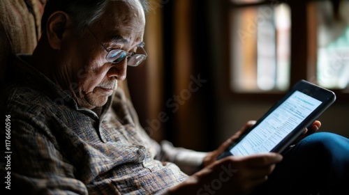 Senior man reading news on digital tablet