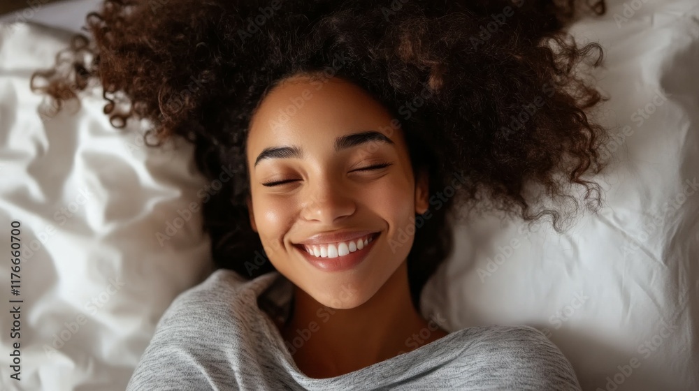 Smiling woman waking up in her bed Smiling woman waking up in her bed