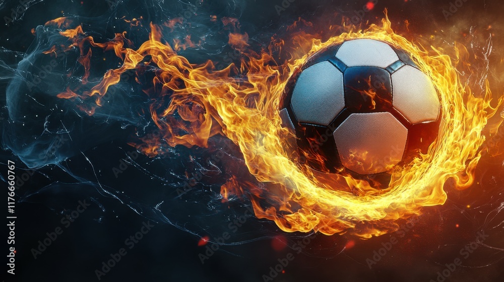 Fototapeta premium Soccer ball with flame and light waves on dark background