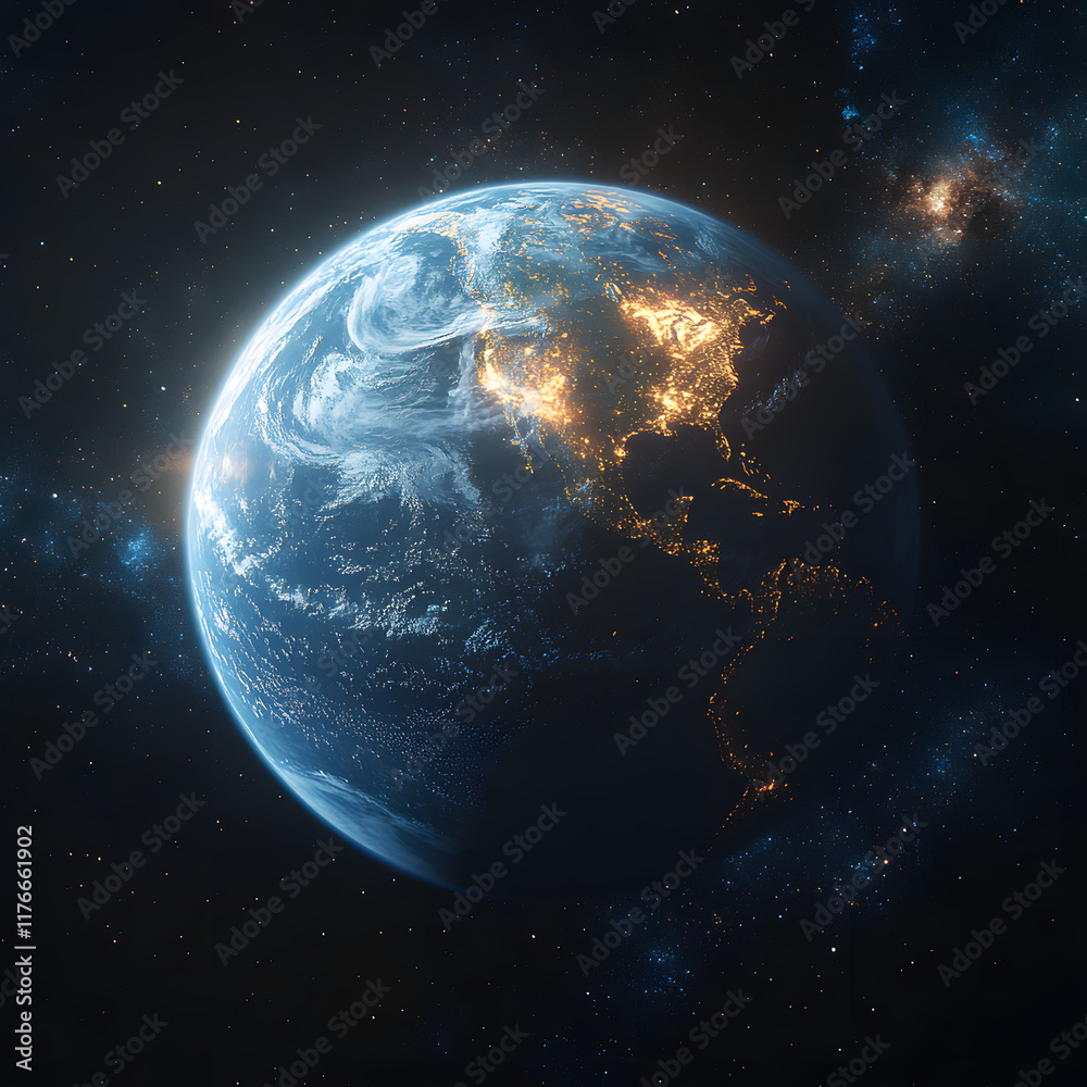 Obraz premium A 3D-rendered Earth with highly detailed continents and oceans, illuminated by sunlight from one side, set against a vast galaxy of stars and nebulas, cinematic and awe-inspiring
