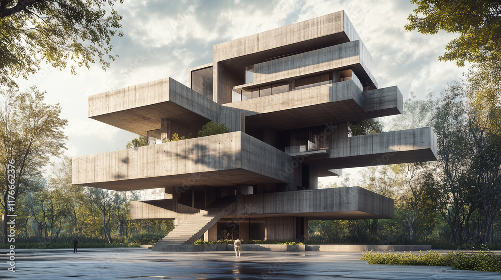 A building with many overlapping boxy concrete structures A building with many overlapping boxy concrete structures
