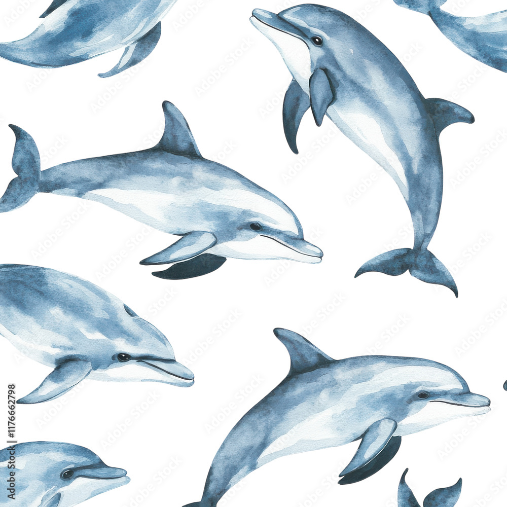 Fototapeta premium Watercolor Pattern of Dolphins on a White Background for Decorative Use on transparent background