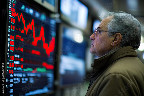 Economic analyst discussing market losses with a downward-trending screen photo