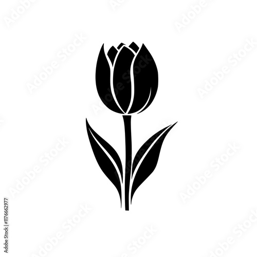 Minimalist Black and White Tulip Illustration, A simple black and white illustration of a tulip flower with leaves and stem, showcasing an elegant and minimal floral design.



