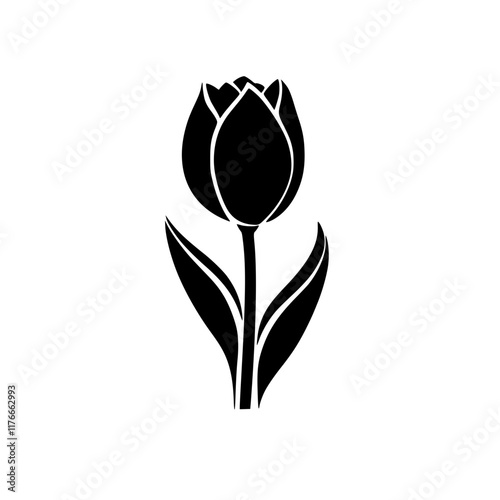 Minimalist Black and White Tulip Illustration, A simple black and white illustration of a tulip flower with leaves and stem, showcasing an elegant and minimal floral design.


