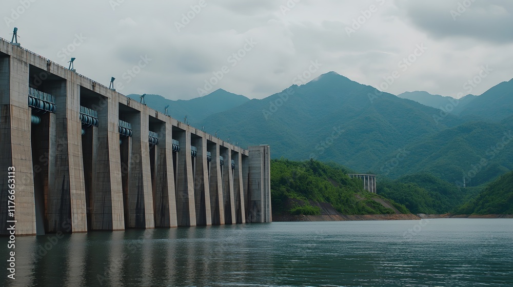 Modern Hydroelectric Dam Surrounded by Lush Green Mountains Modern Hydroelectric Dam Surrounded by Lush Green Mountains