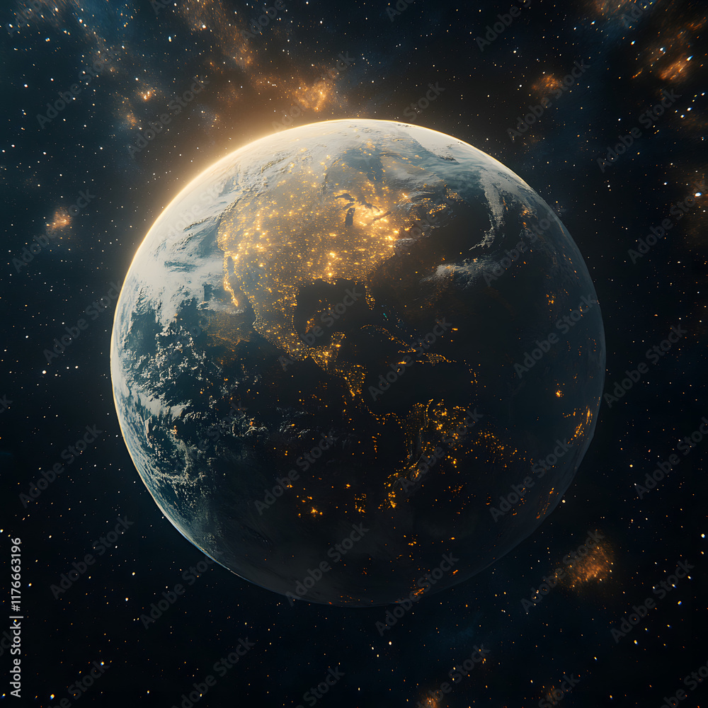 Obraz premium A 3D-rendered Earth with highly detailed continents and oceans, illuminated by sunlight from one side, set against a vast galaxy of stars and nebulas, cinematic and awe-inspiring
