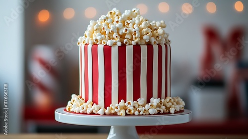 A carnivalthemed cake with stripes and popcorn decorations photo