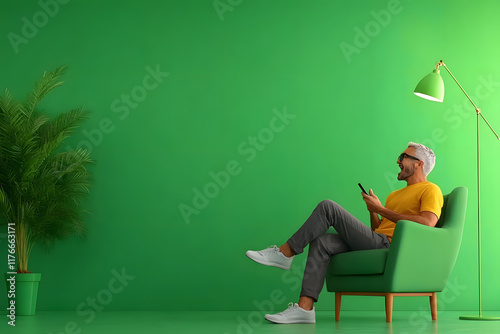 Lebendige Szene: Mann im modernen grünen Interieur mit sonnigem Akzent
 photo