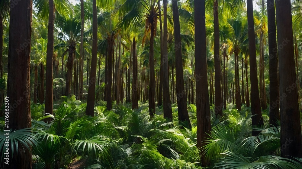 Fototapeta premium Panoramic Jungle View: Euterpe Edulis Palms with Light and Shadow Play
