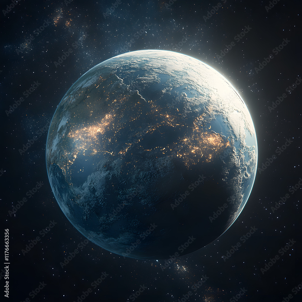 Fototapeta premium A 3D-rendered Earth with highly detailed continents and oceans, illuminated by sunlight from one side, set against a vast galaxy of stars and nebulas, cinematic and awe-inspiring