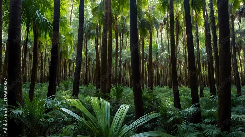 Obraz premium Dense Jungle Beauty: Panoramic View of Euterpe Edulis Palms with Light and Shadows