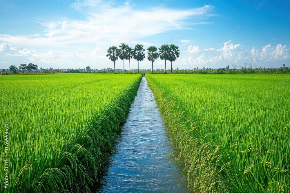 Lush Green Rice Field with Palm Trees and Blue Sky in Rural Countryside Landscape Lush Green Rice Field with Palm Trees and Blue Sky in Rural Countryside Landscape