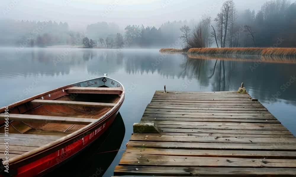 Wooden boat at misty lake dock in serene, foggy surroundings Wooden boat at misty lake dock in serene, foggy surroundings