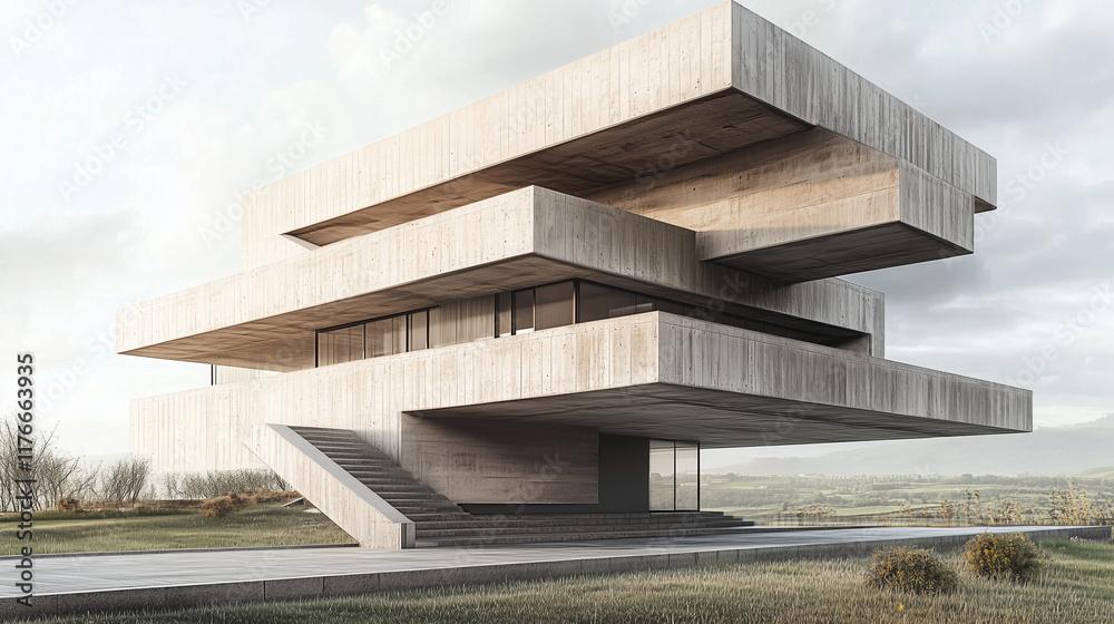 Fototapeta premium a modern block-shaped building with layered, protruding sections