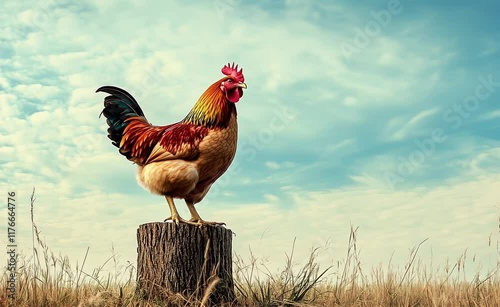 Majestic rooster crowing on a sunny morning in open field