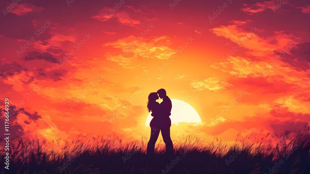 romantic silhouette of a couple embracing on a hilltop against a mesmerizing sunset. The vibrant sky is painted with shades of orange, pink, and purple as the sun glows brightly romantic silhouette of a couple embracing on a hilltop against a mesmerizing sunset. The vibrant sky is painted with shades of orange, pink, and purple as the sun glows brightly