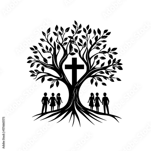 Family Tree with Cross Symbol in Black and White, A symbolic black and white illustration of a tree with a cross at its center and a family standing beneath it, representing faith and unity.


