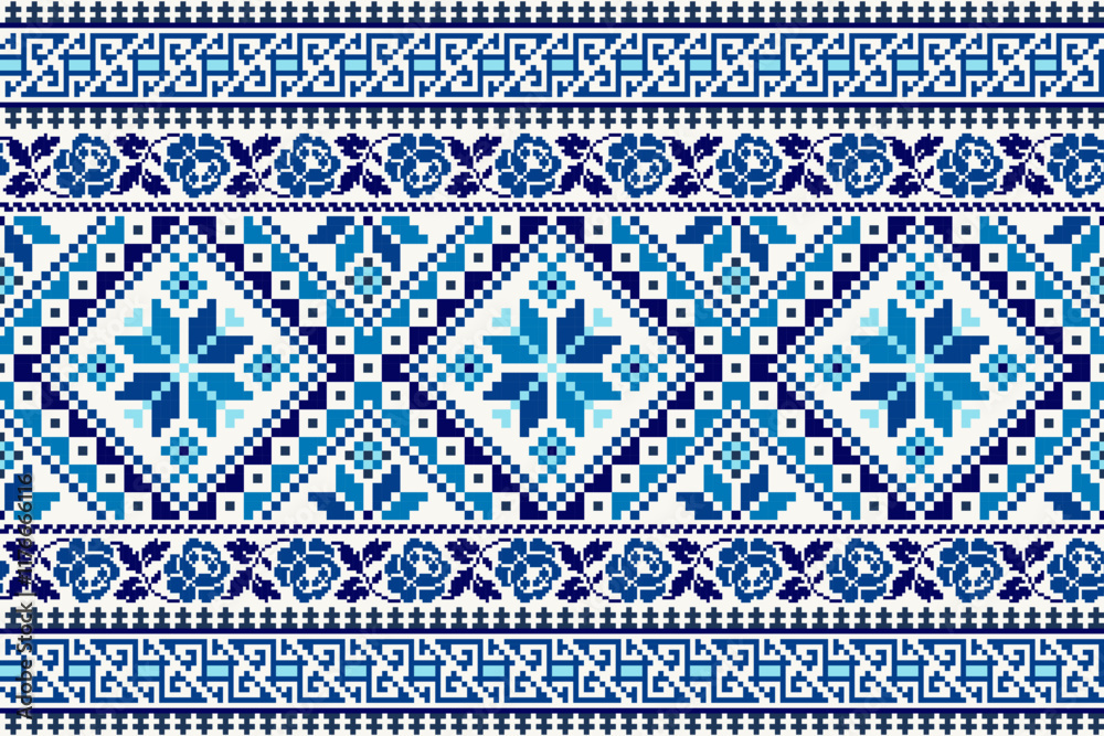 Floral traditional Ukrainian cross-stitch Embroidery pixel Geometric ethnic pattern. Romanian, Vyshyvanka, Slavic ornament style.Detailed Vector for border,neckline embroidery,neckline design,textile.