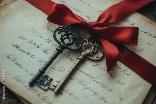 Vintage skeleton keys on antique letters with red ribbon. photo