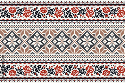 Floral traditional cross-stitch Embroidery pixel Geometric ethnic pattern. Ukrainian, Romanian, Vyshyvanka, Slavic ornament style.Detailed Vector for border,neckline embroidery,neckline design,textile