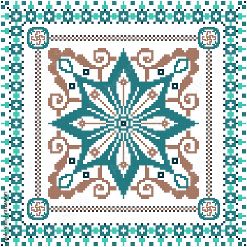 Square seamless Floral traditional pixel with frame Geometric ethnic pattern. Ukrainian, Romanian, Vyshyvanka, Slavic style. Vector for tile, textile, mosaic, ceramic, patchwork, background, backdrop.