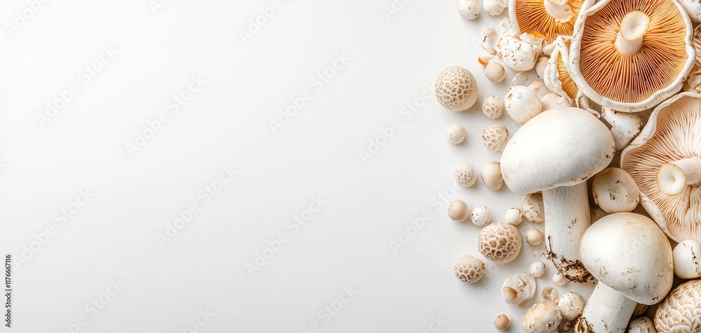 Obraz premium Fresh mushrooms of different shapes and sizes arranged neatly on a white backdrop clean and rustic composition highlighting natural simplicity