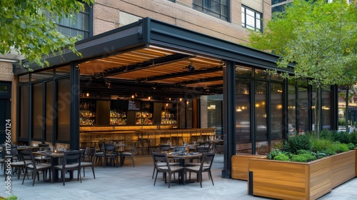 Outdoor restaurant patio with bar, tables, and plants.