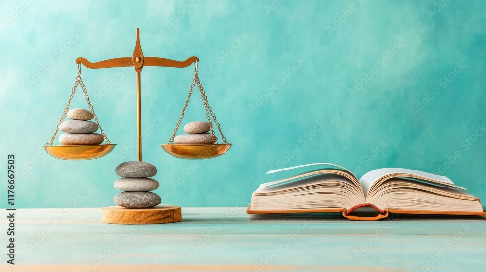 Balanced scale with stones next to an open book on a turquoise background. Balanced scale with stones next to an open book on a turquoise background.