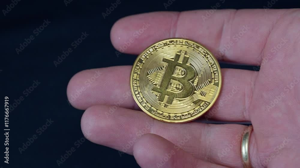 Bitcoin coin held in hand, reflecting light against dark background, symbolizing cryptocurrency and wealth Bitcoin coin held in hand, reflecting light against dark background, symbolizing cryptocurrency and wealth