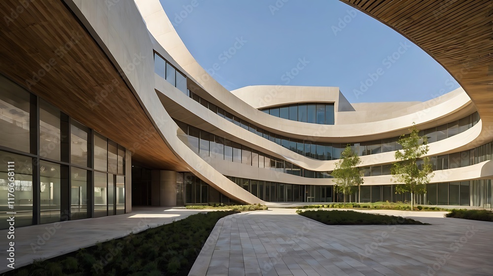 Fototapeta premium cultural venue with bold curved structures, an asymmetrical facade, and an atrium filled with natural light, blending contemporary design with functional outdoor integration 
