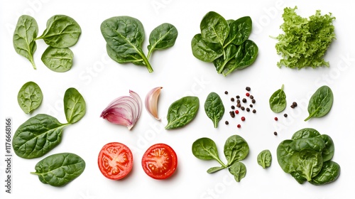 A deconstructed spinach salad with all ingredients arranged separately, isolated on a clean white surface