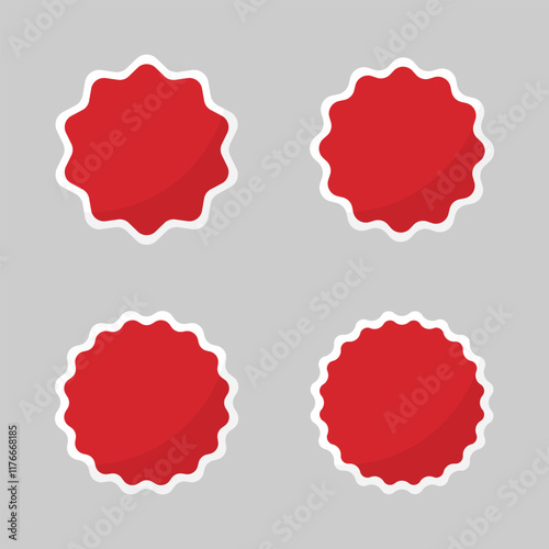 Set of blank red round starburst labels with wavy edges and white borders. Flat design illustration.