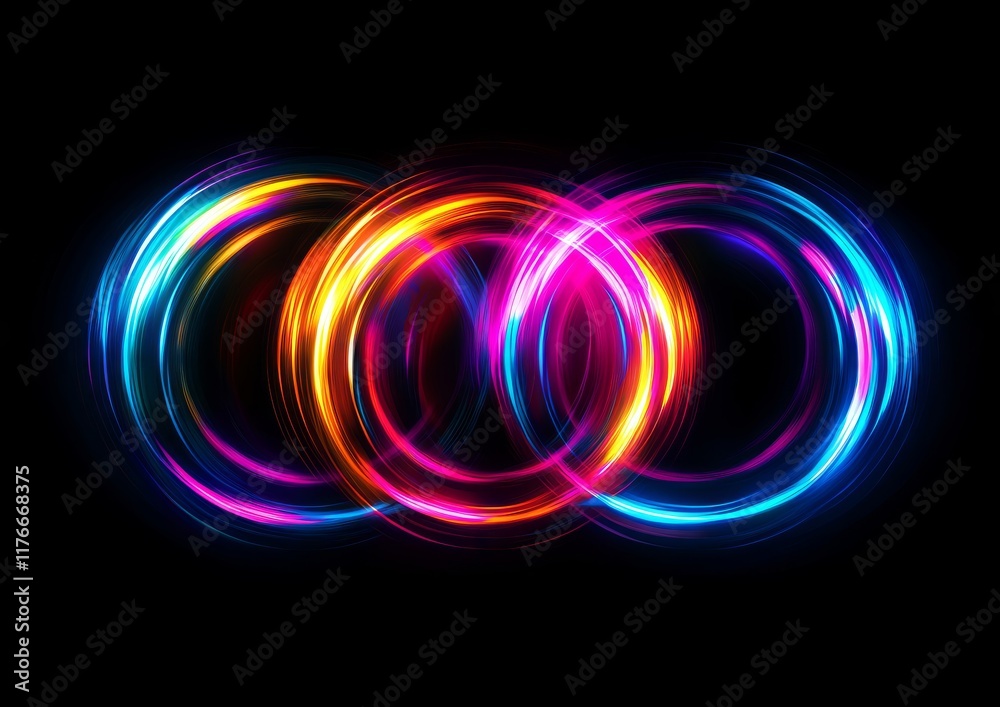 The glowing light lines form three circles that overlap each other. The glowing light lines form three circles that overlap each other.